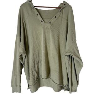 Aerie Green Oversized V Neck Hoodie Womens Sz L Boho Raw Hem Hooded Cropped